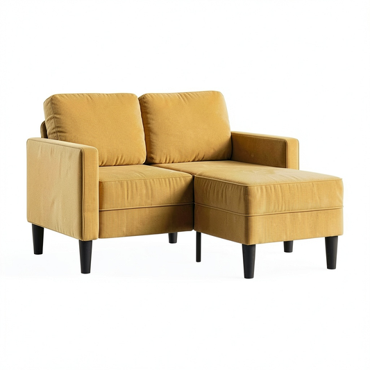 Divano angolare a L in lino giallo chiaro, 125 cm, 2 posti, con chaise longue e gambe robuste, seduta imbottita e confortevole per spazi compatti