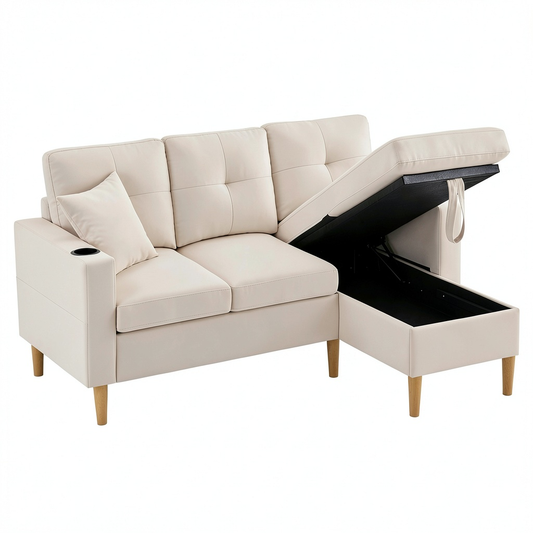 Divano Angolare L 3 Posti con Chaise Longue, Portabevande e Spazio Contenitore per Salotto, 175x129x90 cm, Beige