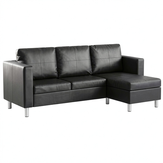 Divano angolare con chaise longue in ecopelle e piedini cromati, design regolabile e cuscini inclusi