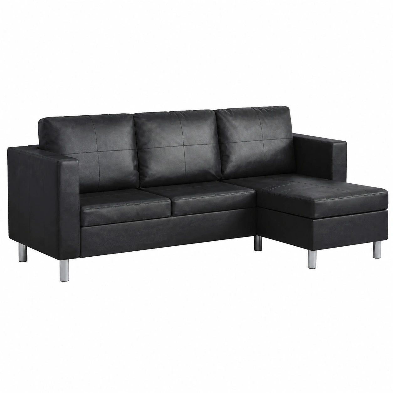Divano angolare con chaise longue in ecopelle e piedini cromati, design regolabile e cuscini inclusi