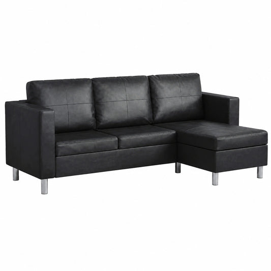 Divano angolare con chaise longue in ecopelle e piedini cromati, design regolabile e cuscini inclusi