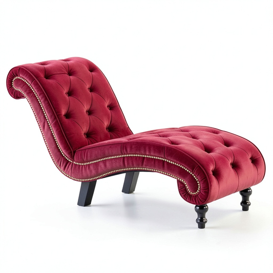 Elegante chaise longue in velluto rosso con frange e design ergonomico, imbottita, altezza seduta 42 cm, per soggiorno e camera da letto