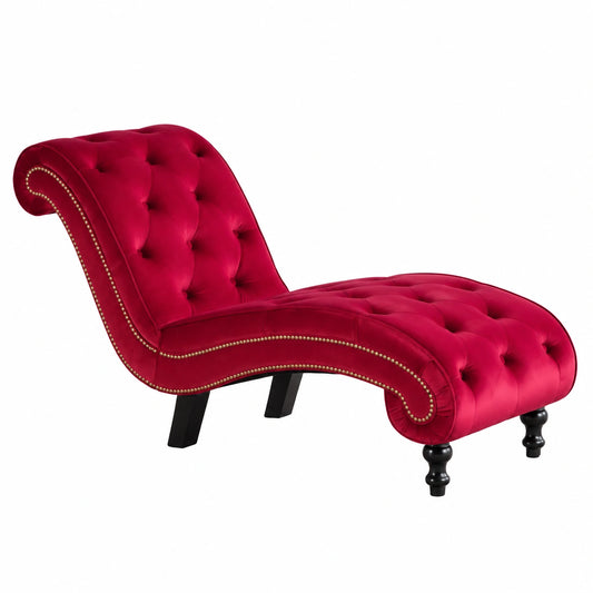 Elegante chaise longue in velluto rosso con frange e design ergonomico, imbottita, altezza seduta 42 cm, per soggiorno e camera da letto