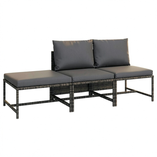 Set Salotto da Giardino 3 Pezzi in Rattan Sintetico con Cuscini Grigi