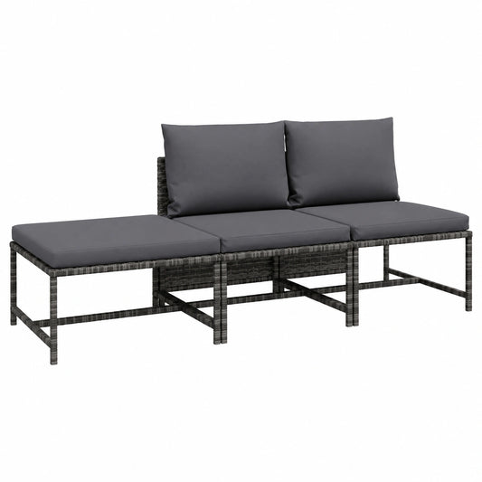 Set Salotto da Giardino 3 Pezzi in Rattan Sintetico con Cuscini Grigi
