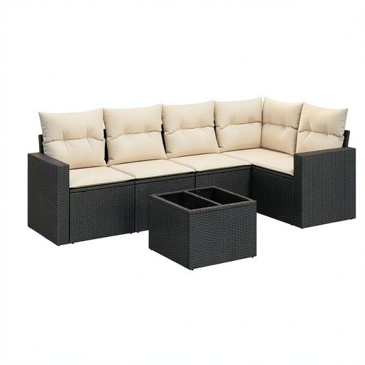 Set Completo Divani da Esterno 7 Pezzi in Rattan Nero con Cuscini