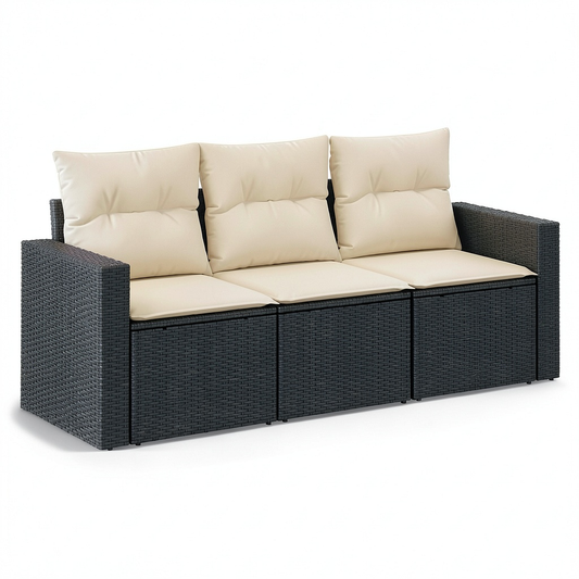 Set Divani da Giardino 3 Pezzi con Cuscini in Polyrattan Nero
